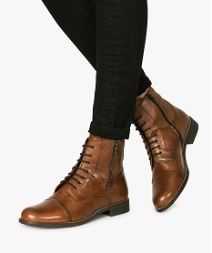 GEMO Bottines femme dessus cuir lacées et zippées look preppy Brun