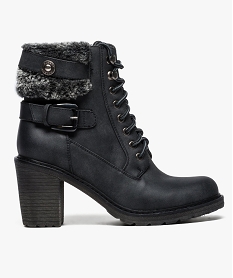 GEMO Bottines femme à talon avec col poilu et boucle décorative Noir