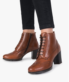 GEMO Bottines femme dessus cuir lacées à talon carré Orange