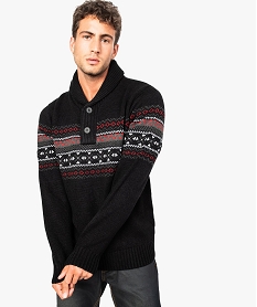 pull en maille  pour homme avec motifs sur le buste et col chale noir7762901_1