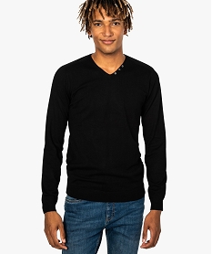 GEMO Pull homme col V maille fine avec côtes sur les épaules et les flancs Noir