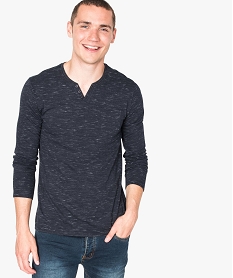 GEMO Tee-shirt homme à  manches longues et petit col V trois boutons violet chine