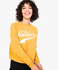 sweat femme molletonne et imprime a manches raglan jaune7774801_1