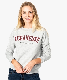 sweat femme molletonne et imprime a manches raglan gris7774901_1