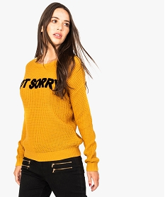 pull femme en maille fantaisie avec inscription sur lavant jaune sweats7776901_1