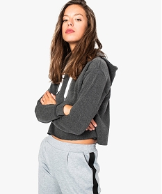 sweat femme court a capuche en molleton gris7777101_1