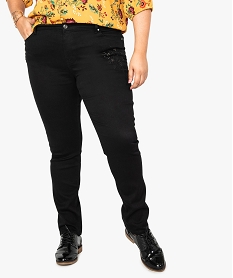 pantalon femme 5 poches en stretch avec broderies sur les cuisses noir7788301_1