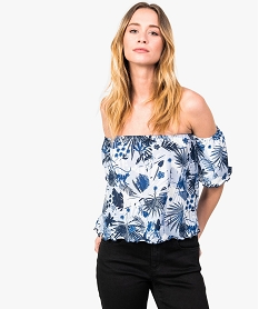 GEMO Tee-shirt court avec col Bardot et manches courtes Bleu