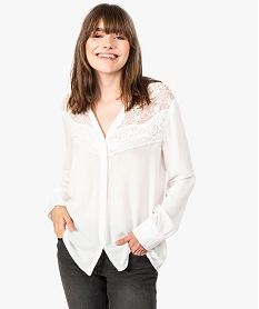 chemise fluide en crepe avec plastron en broderie et dentelle blanc7793801_1