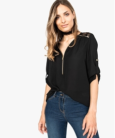 GEMO Blouse fluide décolleté zippé manches 34 et dentelle Noir