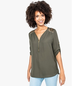 GEMO Blouse fluide décolleté zippé manches 34 et dentelle Vert