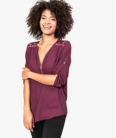 GEMO Blouse fluide décolleté zippé manches 34 et dentelle Violet