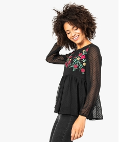 blouse a plumetis avec broderies fleuries sur lavant noir7797501_1