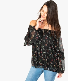 GEMO Blouse à motifs fleuris et volants sur les manches violet chine