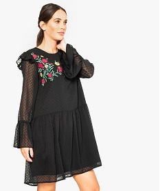 GEMO Robe en voile à manches longues avec broderies fleuries sur lavant Noir