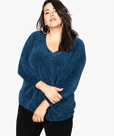 GEMO Pull femme en maille chenille à col V Bleu