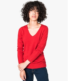 GEMO Pull uni à col V toucher cachemire rouge vif