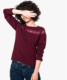 pull col rond avec empiecement dentelle violet pulls7814301_1