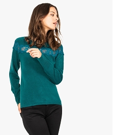 pull col rond avec empiecement dentelle vert7814401_1