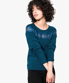 pull col rond avec empiecement dentelle bleu pulls7814601_1