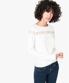 pull col rond avec empiecement dentelle beige pulls7814701_1