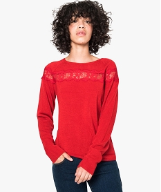 GEMO Pull col rond avec empiècement dentelle rouge vif