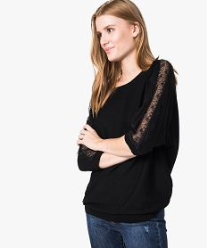 GEMO Pull femme manches chauve-souris à empiècments dentelle noir standard