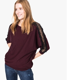 GEMO Pull femme manches chauve-souris à empiècments dentelle violet chine