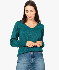GEMO Pull col V en maille pailletée vert vif