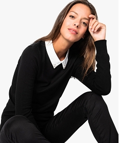 GEMO Pull femme fin avec col chemise brodé de perles noir standard