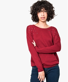 GEMO Pull fantaisie à strass et ruban Rouge