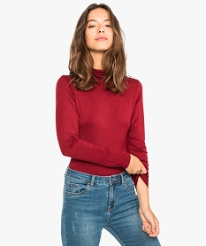 GEMO Tee-shirt femme uni avec col roulé et manches longues Rouge