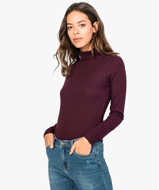 tee-shirt femme en maille cotelee manches longues et col montant violet7824901_1