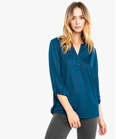 GEMO Tee-shirt fluide pour femme avec manches longues retroussables Bleu