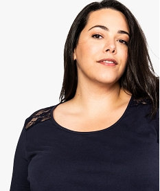 tee-shirt femme a manches longues avec empiecement dentelle bleu7825701_2