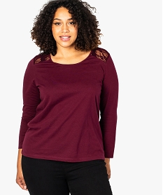 tee-shirt femme a manches longues avec empiecement dentelle violet7825801_1