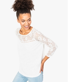 GEMO Blouse unie à encolure et manches longues en dentelle Jaune