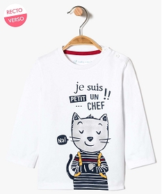 GEMO Tee-shirt imprimé chat avec boutons fantaisie Blanc