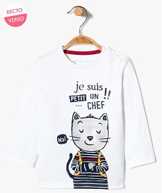 GEMO Tee-shirt imprimé chat avec boutons fantaisie blanc standard