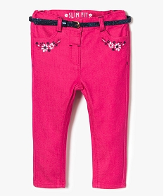 pantalon slim avec broderies et ceinture amovible rose pantalons7850401_1