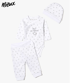 GEMO Ensemble bébé (3 pièces) à étoiles en coton bio : body + pantalon + bonnet Blanc