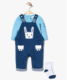 GEMO Ensemble bleu motif lapin : body + salopette + chaussettes Bleu