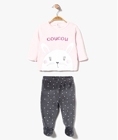 GEMO Pyjama 2 pièces en velours motif lapin avec pieds Rose