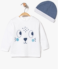 GEMO Ensemble bicolore tee-shirt + bonnet en coton bio blanc standard
