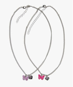 GEMO Lot de 2 collier métalliques avec breloques coeur et papillons Multicolore