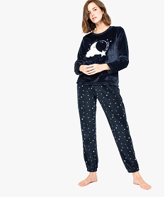 GEMO Pyjama femme en matière peluche imprimée Bleu