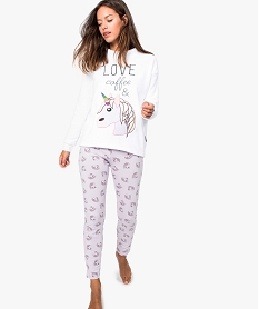 GEMO Pyjama femme en velours et jersey de coton motif licorne Imprimé