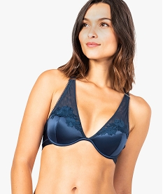 GEMO Soutien-gorge satiné à bonnets moulés et empiècement fleuri Bleu