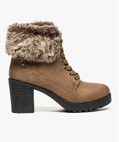 GEMO Bottines femme à lacets avec large col duveteux marron fonce