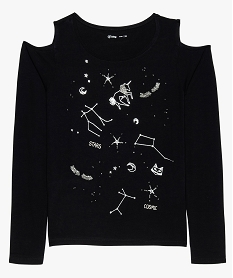 tee-shirt fille a epaules denudees motifs galactiques noir8022801_1